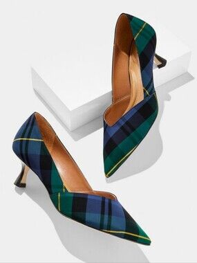 Talbots Ember Kitten Heel Pumps Sloane Tartan plaid navy green women's 8.5 New